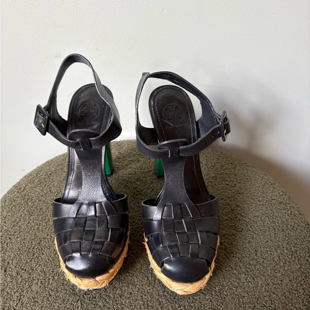 Elegant  Tory Burch navy blue Leather Espadrilles with Woven Design